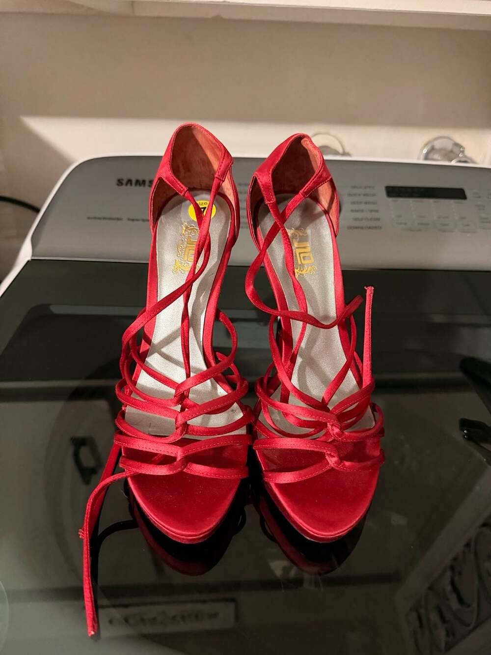 JL by Jennifer Lopez Red Satin Strappy Floral Embroidered Platform Heels